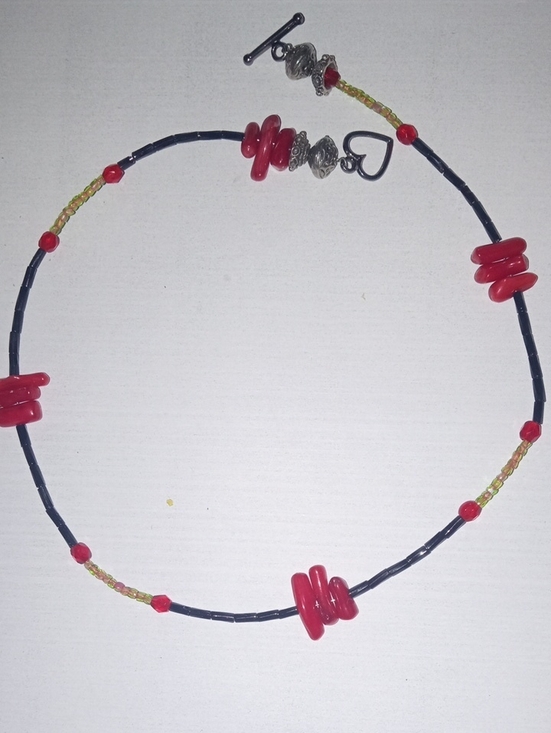 Handmade Jewelry - Red Accent Black Beaded Women’s Necklace with Heart Toggle